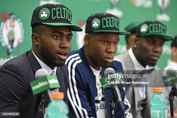 Jaylen Brown speaks at a press conference after being drafted by the Boston Celtics during the 2016 NBA Draft on June 24, 2016 at TD Garden in...