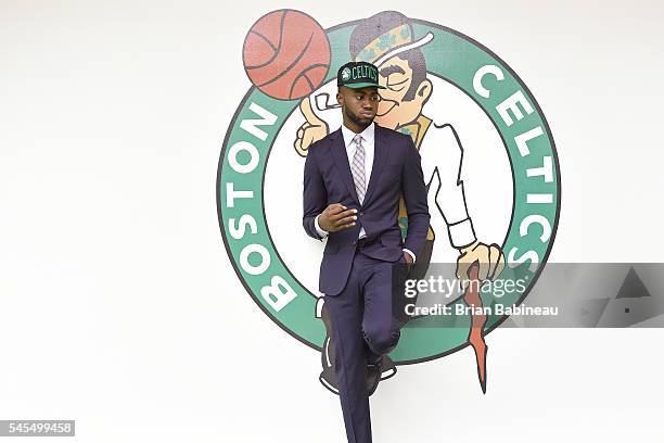 Jaylen Brown poses for a portrait after being drafted by the Boston Celtics during the 2016 NBA Draft on June 24, 2016 at TD Garden in Boston,...