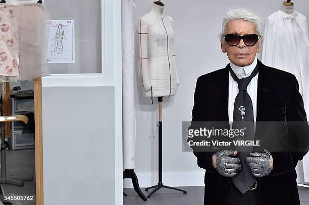 Karl Lagerfeld walks the runway during the Chanel Haute Couture Fall/Winter 2016-2017 show as part of Paris Fashion Week on July 5, 2016 in Paris,...