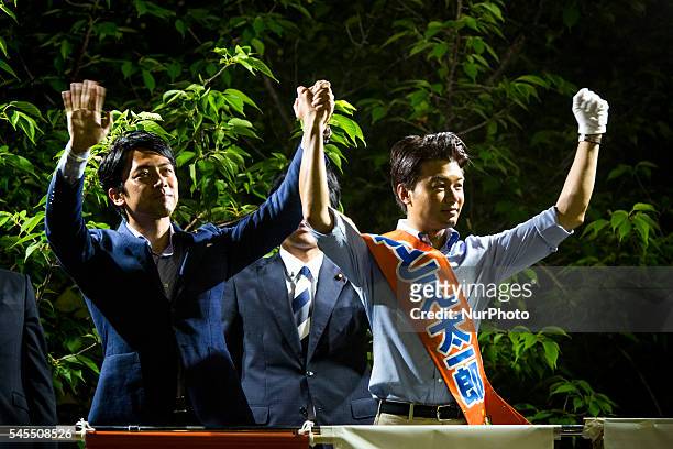 Shinjir Koizumi, a Japanese politician, a member of the House of Representatives of the Liberal Democratic Party delivers his campaign speech to...