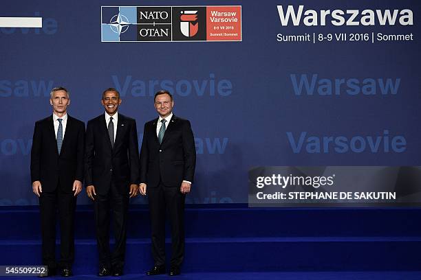 Poland's President Andrzej Duda , NATO Secretary General Jens Stoltenberg and US President Barack Obama pose for a picture prior to the opening of...