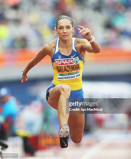 Olha Saladukha of Ukraine in action during the qualifying round for the womens triple jump on day three of The 23rd European Athletics Championships...