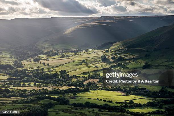 sunlight in a green valley - edale stock pictures, royalty-free photos & images
