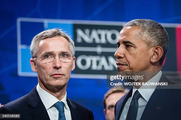 Secretary General Jens Stoltenberg and US President Barack Obama are seen before the meeting of heads of state of the North Atlantic Council taking...