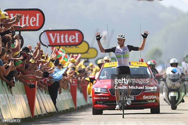 Stephen Cummings of Great Britain and Team Dimension Data celebrates stage victory during the 162.5km stage seven of Le Tour de France from...
