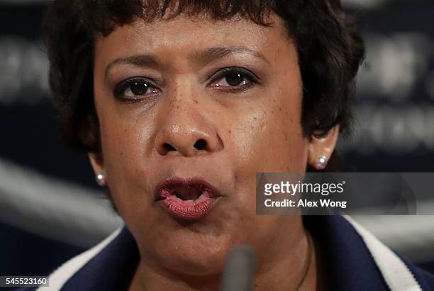 Attorney General Loretta Lynch speaks to members of the media as she makes a statement on the Dallas killing of police officers July 8, 2016 at the...