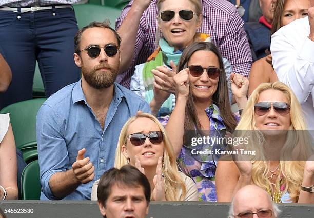 James Middleton and Pippa Middleton attend day eleven of the Wimbledon Tennis Championships at Wimbledon on July 08, 2016 in London, England.