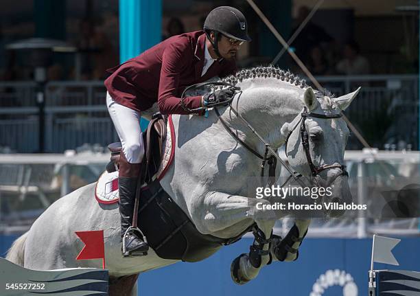 Sheik Ali Bin Khalid Al Thani of Qatar and horse Imperio Egipcio Milton during the jumping competition against the clock on the second day of the...