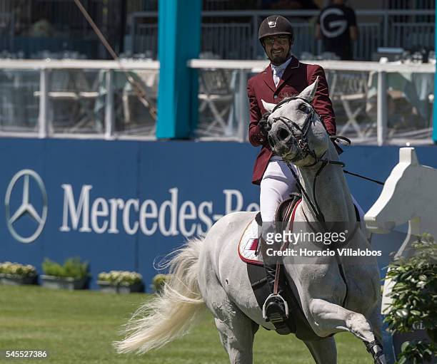 Sheik Ali Bin Khalid Al Thani of Qatar and horse Imperio Egipcio Milton during the jumping competition against the clock on the second day of the...