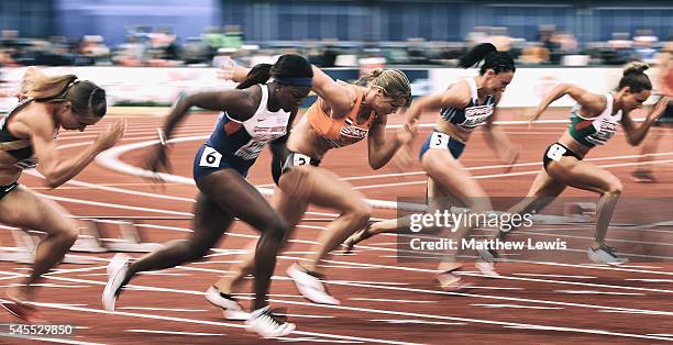 Dafne Schippers of the Netherlands starts the Womens 100m Semi Final during day three of the 23rd European Athletics Championships at Olympic Stadium...