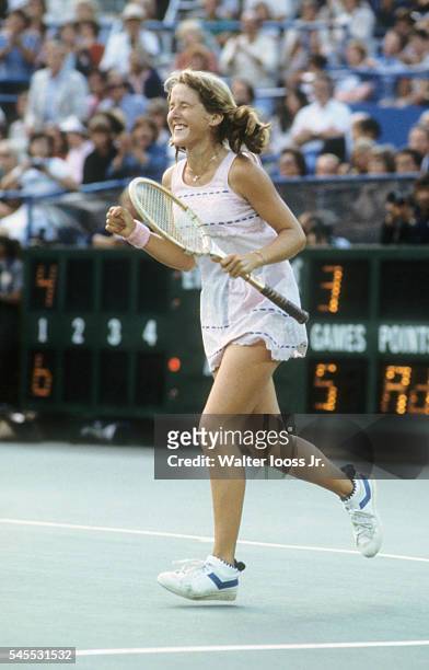 Tracy Austin victorious after winning Women's Singles Final vs Chris Evert at USTA National Tennis Center. Sequence. Flushing, NY 9/9/1979 CREDIT:...