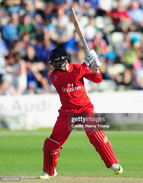 Alviro Petersen of Lancashire bats during the Natwest T20 Blast match between Worcestershire and Lancashire at New Road on July 8, 2016 in Worcester,...