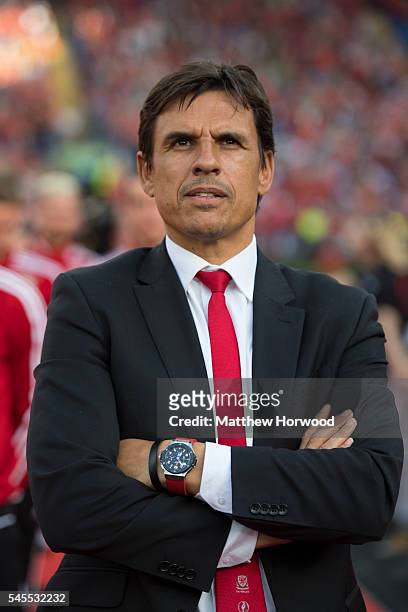 Wales manager Chris Coleman looks on during a ceremony at the Cardiff City Stadium on July 8, 2016 in Cardiff, Wales. The players toured the streets...