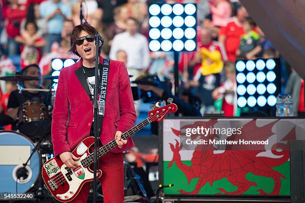 Nicky Wire of the Manic Street Preachers performs during a ceremony at the Cardiff City Stadium on July 8, 2016 in Cardiff, Wales. The players toured...