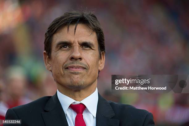 Wales manager Chris Coleman looks on during a ceremony at the Cardiff City Stadium on July 8, 2016 in Cardiff, Wales. The players toured the streets...