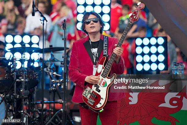 Nicky Wire of the Manic Street Preachers performs during a ceremony at the Cardiff City Stadium on July 8, 2016 in Cardiff, Wales. The players toured...