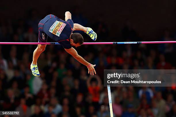 Renaud Lavillenie of France in action during the final of the mens pole vault on day three of The 23rd European Athletics Championships at Olympic...