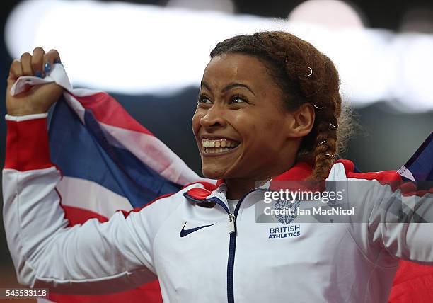 Jazmin Sawyers of Great Britain celebrates winning silver in the final of the womens long jump on day three of The 23rd European Athletics...