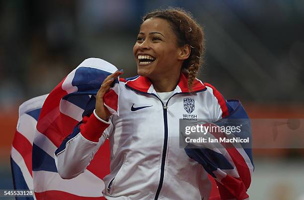 Jazmin Sawyers of Great Britain celebrates winning silver in the final of the womens long jump on day three of The 23rd European Athletics...