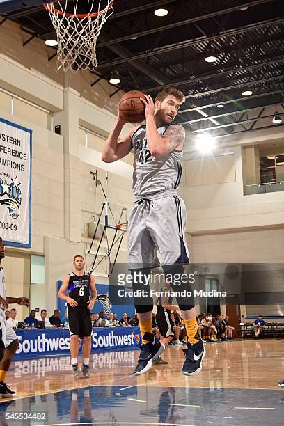 Shayne Whittington of Indiana Pacers grabs the rebound Magic Blue during 2016 Summer League on July 8, 2016 at the Amway Center in Orlando, Florida....
