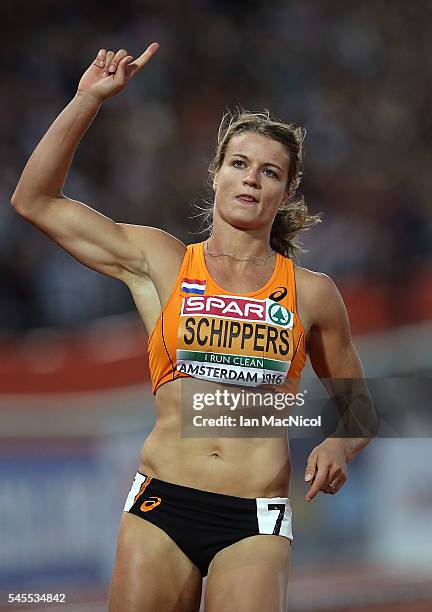 Dafne Schippers of The Netherlands celebrates winning gold in the final of the womens 100m on day three of The 23rd European Athletics Championships...