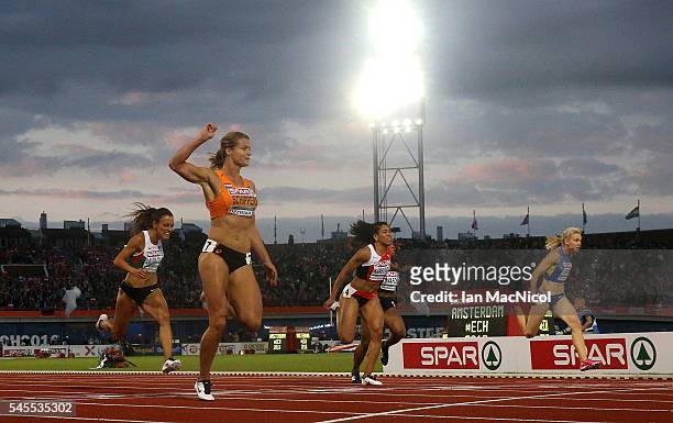 Dafne Schippers of The Netherlands crosses the finish line to win gold in the final of the womens 100m on day three of The 23rd European Athletics...