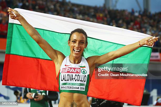 Ivet Lalova-Collio of Bulgaria celebrates after winning silver in the final of the womens 100m on day three of The 23rd European Athletics...