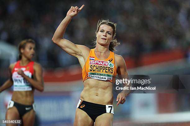 Dafney Schippers of Netherlands wins the Women's 100m during the Women's Heptathlon during Day Three of The European Athletics Championships at...