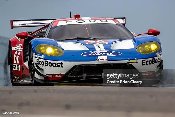 The Ford GT of Joey Hand and Dirk Muller, of Germany, races on the track during practice for the IMSA WeatherTech Series race at Canadian Tire...
