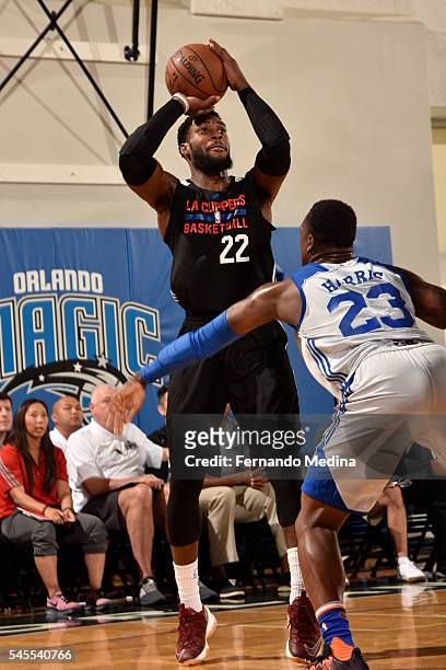 Branden Dawson of Los Angeles Clippers shoots the ball against the Indiana Pacers during 2016 Summer League on July 8, 2016 at the Amway Center in...