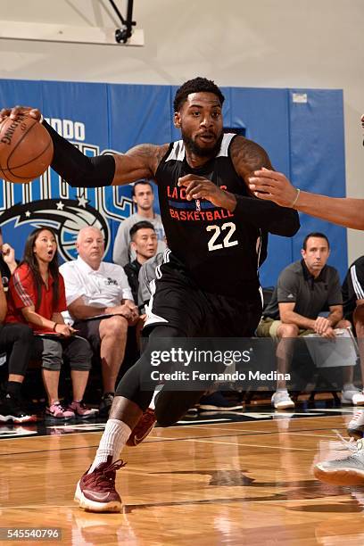 Branden Dawson of Los Angeles Clippers handles the ball against the New York Knicks during 2016 Summer League on July 8, 2016 at the Amway Center in...