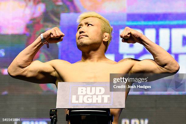 Takanori Gomi of Japan steps on the scale during the UFC 200 weigh-in at T-Mobile Arena on July 8, 2016 in Las Vegas, Nevada.