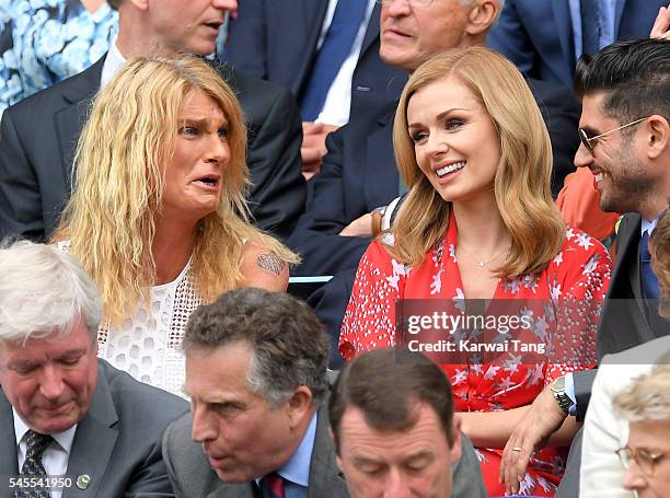 Sally Bercow and Katherine Jenkins attend day eleven of the Wimbledon Tennis Championships at Wimbledon on July 08, 2016 in London, England.