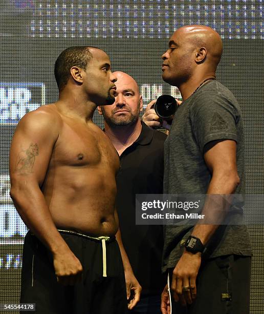 President Dana White looks on as mixed martial artists Daniel Cormier and Anderson Silva face off during their weigh-in for UFC 200 at T-Mobile Arena...