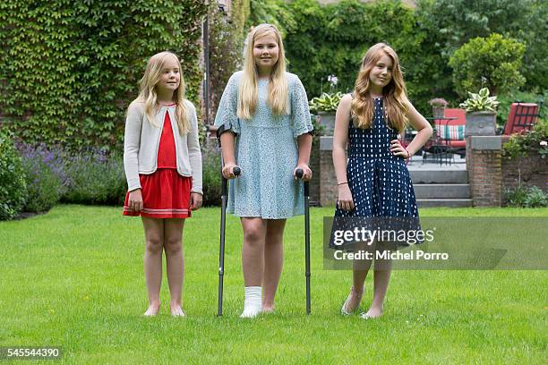 Princess Ariane, Crown Princess Catharina-Amalia and Princess Alexia of The Netherlands pose for pictures during the annual summer photo call at...