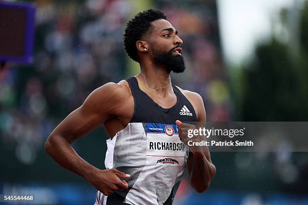 Jason Richardson runs in the first round of the Men's 110 Meter Hurdles during the 2016 U.S. Olympic Track & Field Team Trials at Hayward Field on...