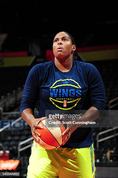 Courtney Paris of the Dallas Wings warms up before the game against the Atlanta Dream on July 8, 2016 at Philips Arena in Atlanta, Georgia. NOTE TO...