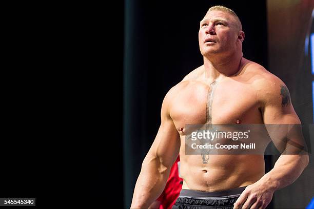 Brock Lesnar walks to the scale during the UFC 200 weigh-ins at T-Mobile Arena on July 8, 2016 in Las Vegas, Nevada.