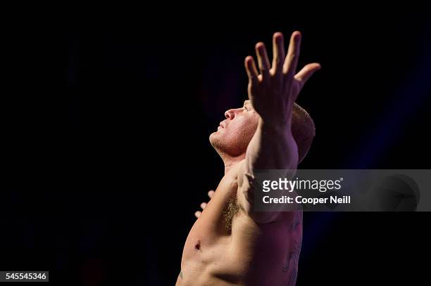 Brock Lesnar stands on the scale during the UFC 200 weigh-ins at T-Mobile Arena on July 8, 2016 in Las Vegas, Nevada.