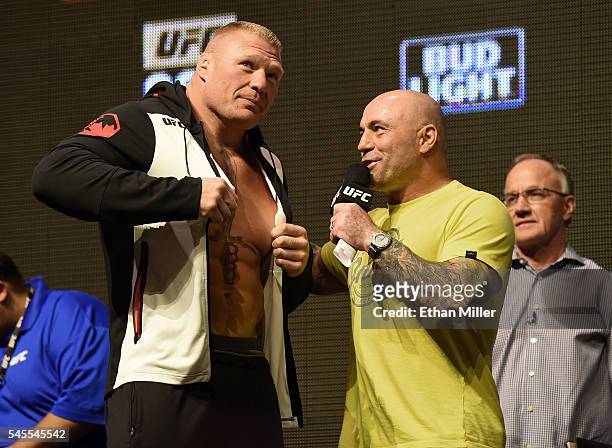 Mixed martial artist Brock Lesnar is interviewed by commentator Joe Rogan after Lesnar's weigh-in for UFC 200 at T-Mobile Arena on July 8, 2016 in...