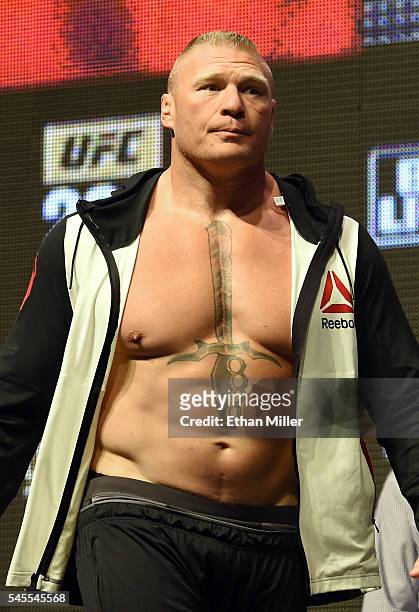 Mixed martial artist Brock Lesnar leaves the stage after his weigh-in for UFC 200 at T-Mobile Arena on July 8, 2016 in Las Vegas, Nevada. Lesnar will...