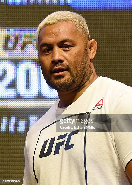 Mixed martial artist Mark Hunt stands on the stage during his weigh-in for UFC 200 at T-Mobile Arena on July 8, 2016 in Las Vegas, Nevada. Hunt will...