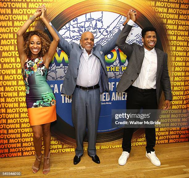 Allison Semmes, Berry Gordy and Chester Gregory during the Photo Call for 'Motown The Musical' at Chelsea Studios on July 8, 2016 in New York City.