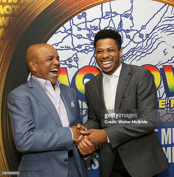 Berry Gordy and Chester Gregory during the Photo Call for 'Motown The Musical' at Chelsea Studios on July 8, 2016 in New York City.