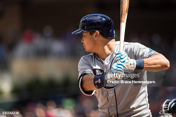 Hank Conger of the Tampa Bay Rays bats against the Minnesota Twins on June 5, 2016 at Target Field in Minneapolis, Minnesota. The Rays defeated the...