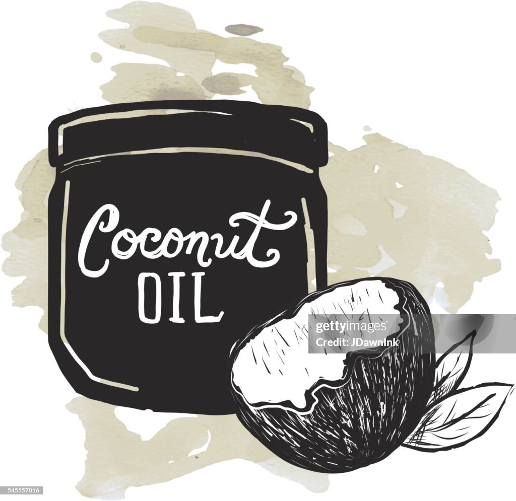 Coconut Oil label and jar on watercolor texture background