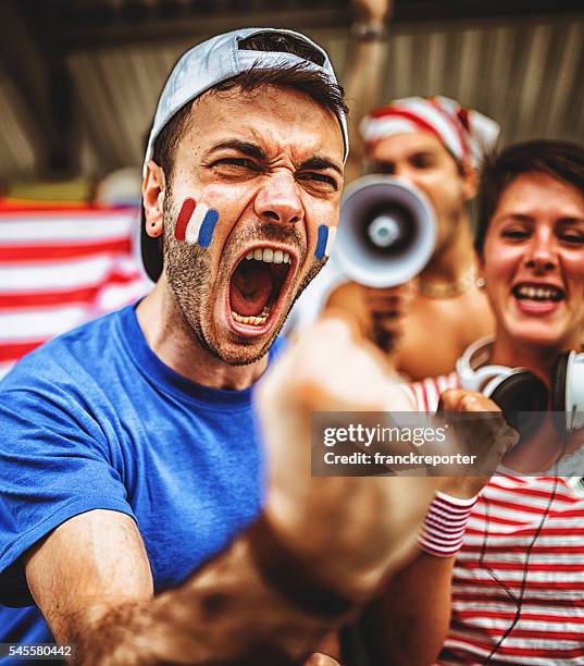 french supporters at stadium cheering - france supporter stock pictures, royalty-free photos & images