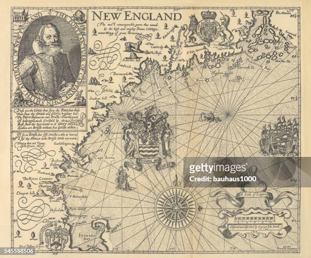 ilustrações, clipart, desenhos animados e ícones de mapa do explorador john smith da nova inglaterra, circa 1624 - jamestown