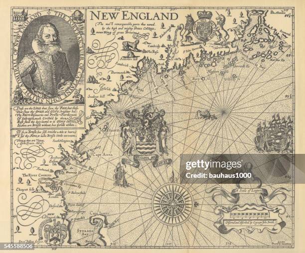 explorer john smith map of new england, circa 1624 - jamestown stock illustrations