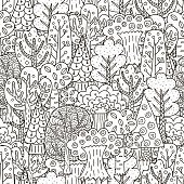 Fantasy forest seamless pattern. Black and white trees background